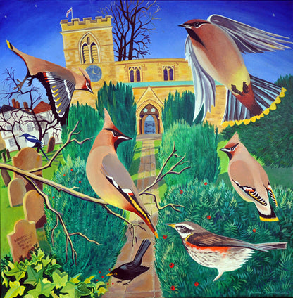painting of waxwings