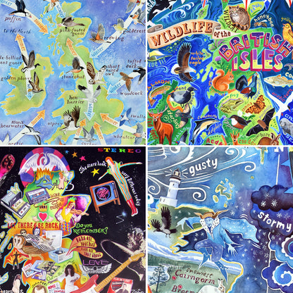 BRITISH MAPS greetings cards - choose from 7 designs: rivers, rock music, wildlife, weather, Brexit, best of British, birds