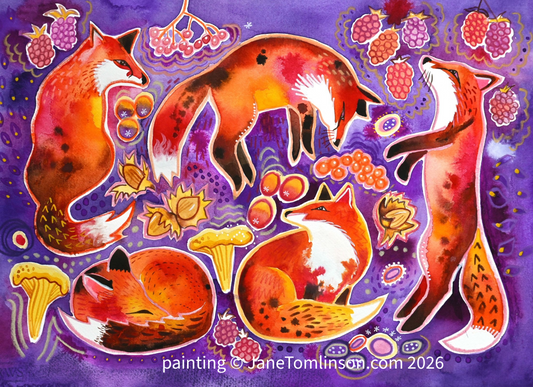 Fruity Foxes - colourful whimsical foxes and autumn berries