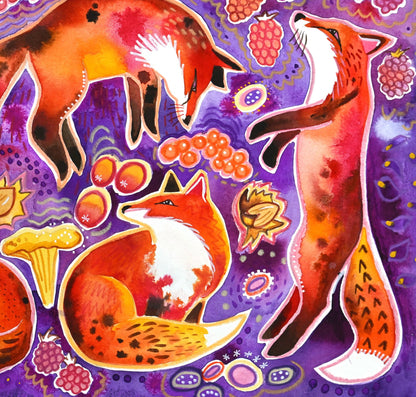 Fruity Foxes - colourful whimsical foxes and autumn berries