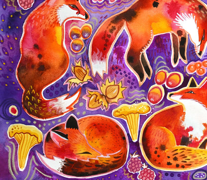 Fruity Foxes - colourful whimsical foxes and autumn berries
