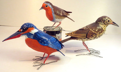 Paper mache kingfisher, robin, and song thrush