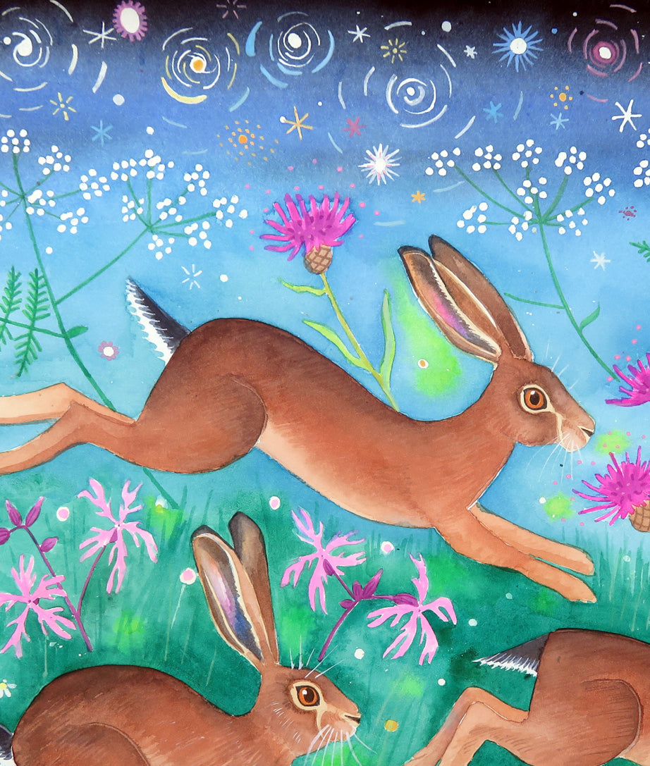 Meadow brown hares - painting detail