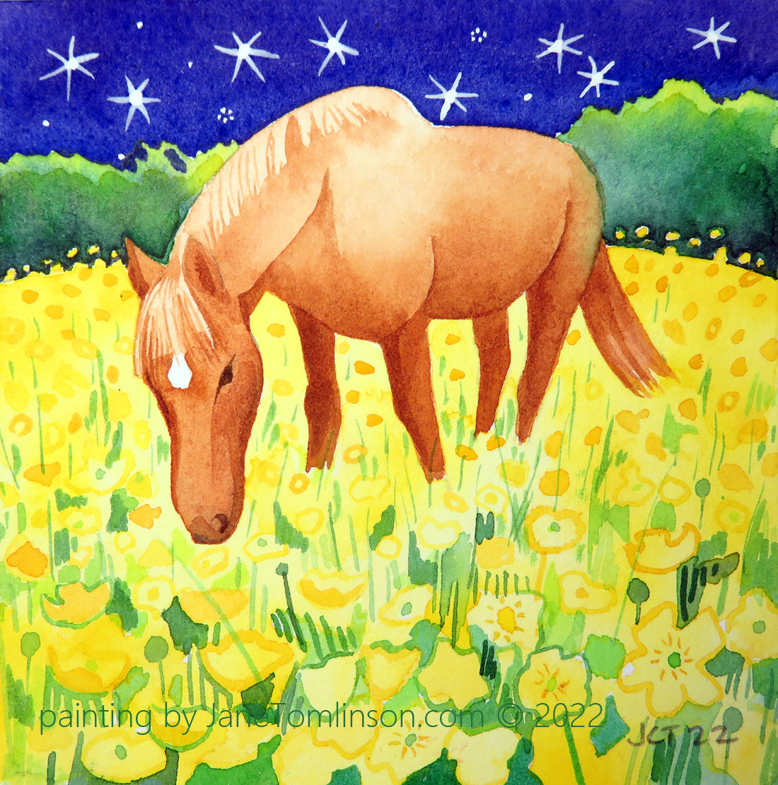 A painting of a horse in a buttercup meadow