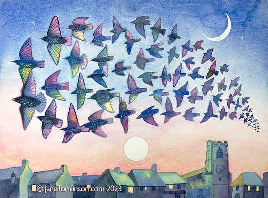 The Sun, the Moon and the Starlings, Eynsham - a digital image for self-printing
