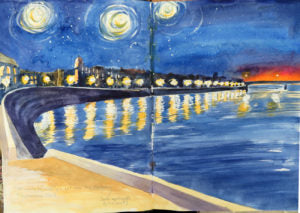 Sketch of Starry Night over the Rhone from where Vincent sat