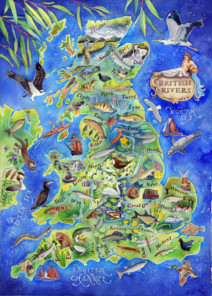 British Rivers - a hand painted map of some of the rivers of the Britain