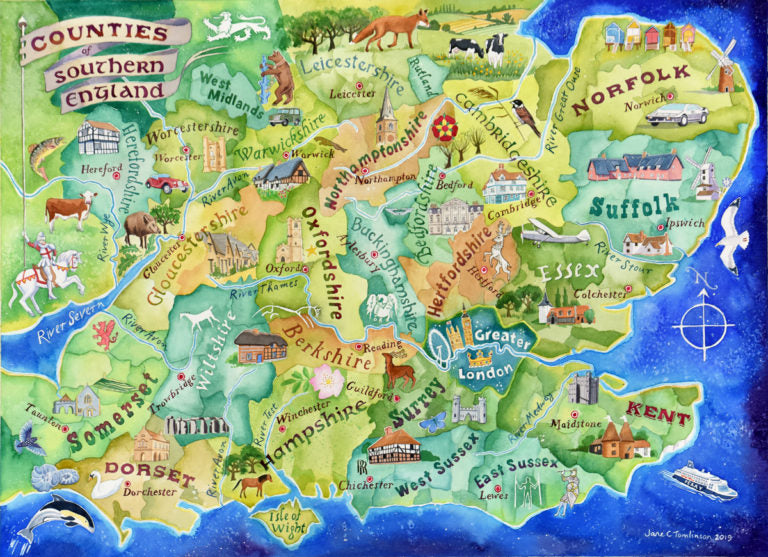 Counties of southern England map - a painting by Jane Tomlinson