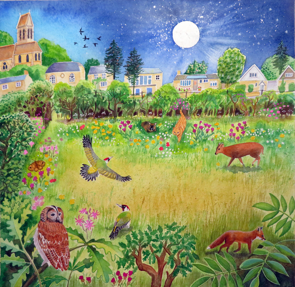The Meadow Opposite - a painting of a meadow with flowers and animals
