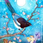 Painting of a magpie called Joy with fairies