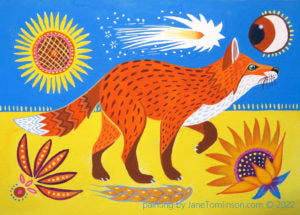 Painting of a fox in a Ukrainian folk art style